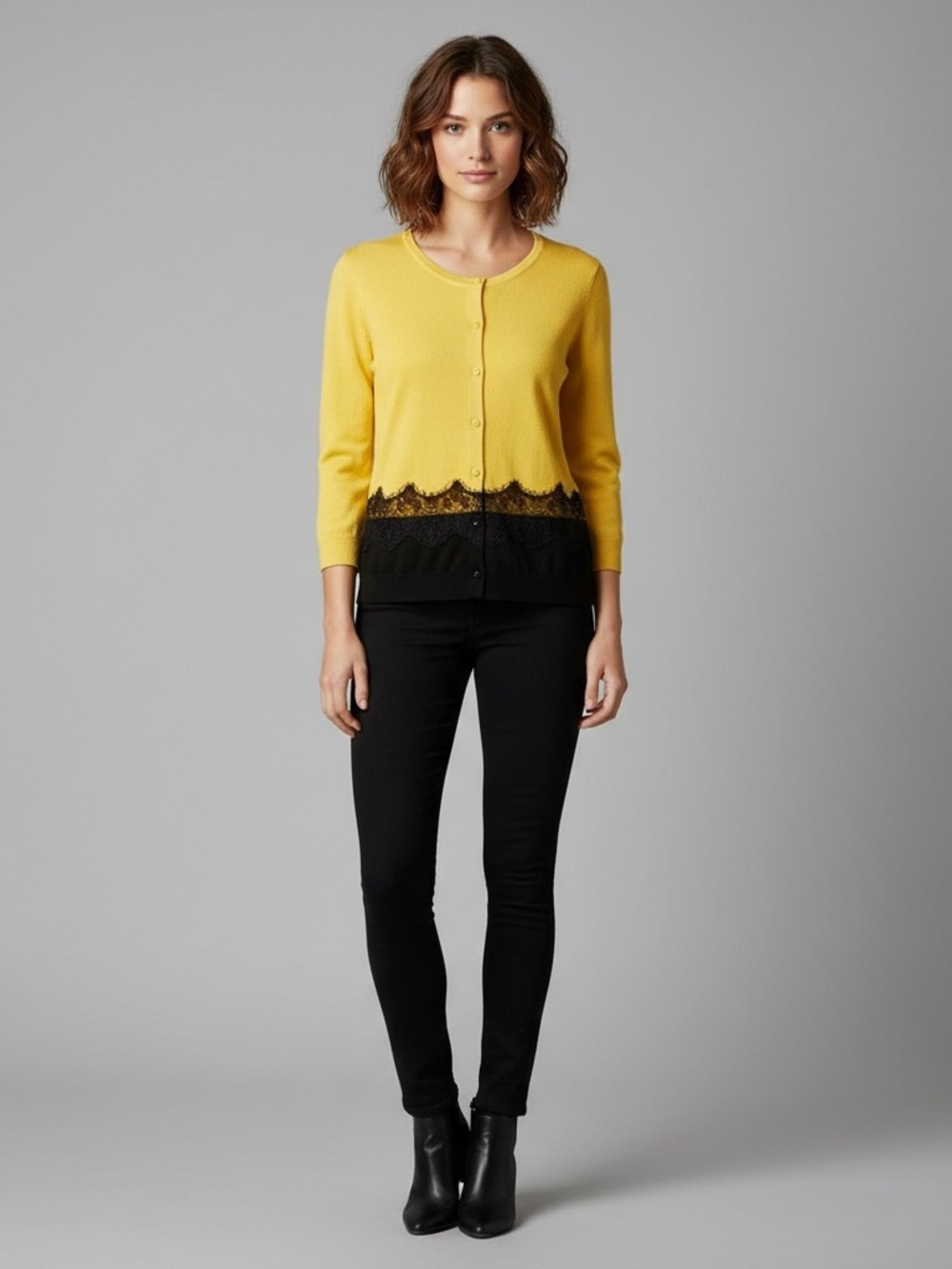 New York & Company | Like new yellow/black lace trim cardigan sweater sm…